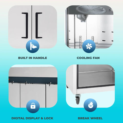 Hella Spacious Three Door Reach In Refrigerator Loaded With Seventy Two Cubic Feet Of Chilling Capacity For Commercial Kitchens showcasing built-in handle, cooling fan, digital display, and break wheel.
