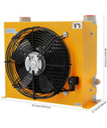 Beefy Industrial Hydraulic Oil Cooler With 100 Lpm Flow, Aluminum Radiator, 110V Fan, side view with dimensions