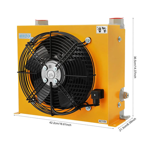 Beefy Industrial Hydraulic Oil Cooler With 100 Lpm Flow, Aluminum Radiator, 110V Fan, side view with dimensions