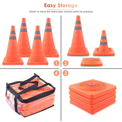 Top Shelf 18-Inch Collapsible Traffic Cones, 4 Pack With Bright Led Beacons And High Viz Strips, Easy Snap Fold Design For Road Jobs Or Parking Lots, Includes A Roomy Carry Tote