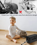 Child and cat safely near All-In-One Cable Management Box Kit For Desk And Floor Cord Organizer Hides Power Strips And Wires