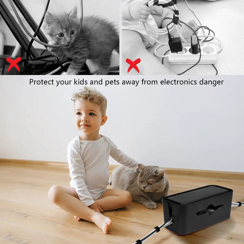 Child and cat safely near All-In-One Cable Management Box Kit For Desk And Floor Cord Organizer Hides Power Strips And Wires