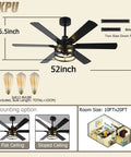 52 Inch Farmhouse Ceiling Fan With Light And Remote Black Industrial Caged Design with 6 Blades and 6 Speed Motor