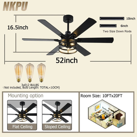52 Inch Farmhouse Ceiling Fan With Light And Remote Black Industrial Caged Design with 6 Blades and 6 Speed Motor