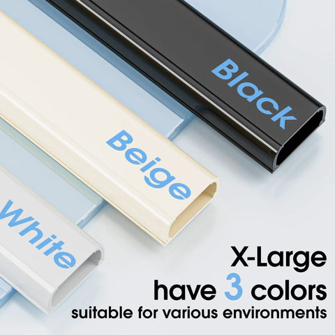 Peel And Stick Paintable Cable Raceway Kit 3 Pack in black, beige, and white colors for home theater setups.