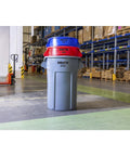 Heavy Duty 44 Gallon Gray Trash Can With Dome Top And Snap Lock Industrial Workhorse Waste Bin Built Rock Solid Stackable Commercial Storage Container Made In Usa in warehouse with red and blue lids.