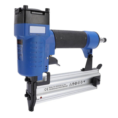 Heavy Duty Badass Workhorse Pneumatic Brad Nailer 18 Gauge 3 Eighth To 2 Inch Air Powered Nail Gun close-up with aluminum body.