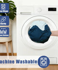 Hand placing Forest Color Fitted Tablecloth into washing machine, highlighting its machine washable feature for easy cleaning.