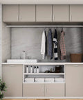Modern laundry room with cabinets, hangers, and brushed nickel four and half inch cabinet handles square kitchen pulls for cabinets and drawers.
