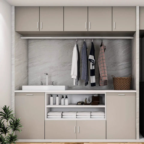 Modern laundry room with cabinets, hangers, and brushed nickel four and half inch cabinet handles square kitchen pulls for cabinets and drawers.