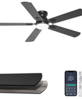 Sleek 52 Inch Black Flush Mount Ceiling Fan With Low Profile Frame And Soft Ambient Lighting Delivers Solid Airflow Without Dropping Down Or Cluttering Your Space, showing remote and close-up detail.