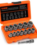 Bolt Extractor Kit 14 Piece Impact Grade CRMO Steel Nut Remover Set With Three Eighths Inch Drive Socket For Removing Frozen Rusted Rounded Bolts And Lug Nuts Sizes Eight To Nineteen Millimeters In Automotive And Machinery Repair