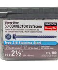 Strong-Drive SD Connector Screws No 9 Two And A Half Inch Stainless Steel With One Quarter Inch Hex Head Galvanized Coating Includes Hex Bit For Connector Replacement The Workhorse Choice For Heavy Duty Wood Framing And Decking Box Of 100