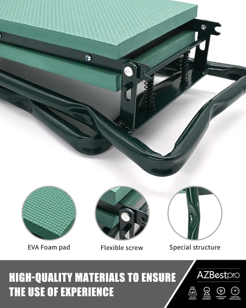 Close-up of folded All In One Garden Stool And Kneeler Set showing EVA pad, flexible screw, and metal structure support.