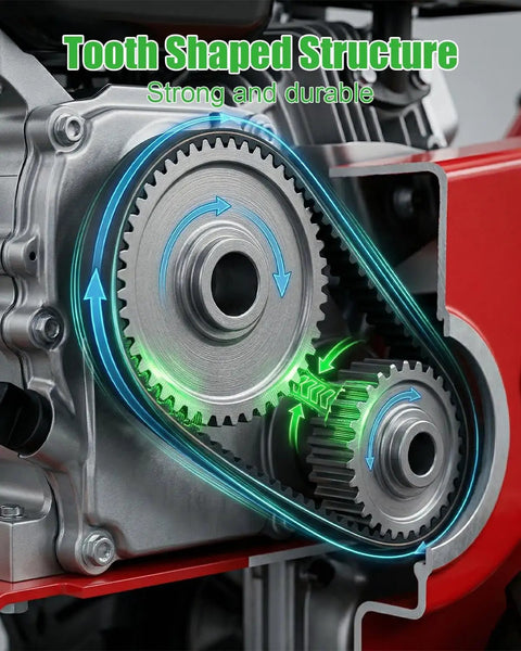 Drive Belt Replacement For Trimmer 60005003, 3L Tooth HB, showing smooth power transfer with gears and toothed belt system.