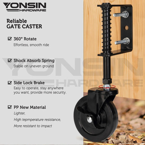 4 Inch Heavy Duty Spring Loaded Gate Caster Wheel With Side Brake 360 Degree Swivel Drag Gate Wheel for Wooden Gates Fences