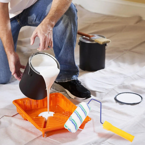 Top Shelf Paint Roller With Removable Sleeve For Smooth As Butter Wall And Ceiling Coat Zero Grind Handle in use with paint tray