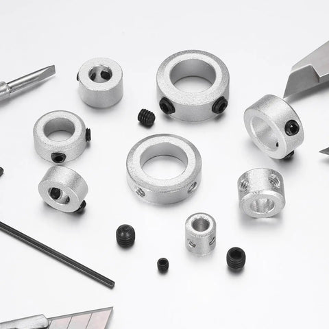 Eight Piece Set Screw Shaft Collars 3mm Bore 7mm Outside Diameter 8mm Thickness Aluminum 6061 Alloy Axle Collar Clamp shown