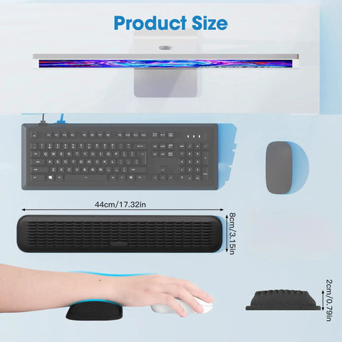 Keyboard Wrist Rest Memory Foam Pad For Pain Relief And Comfort displayed with dimensions and ergonomic massage pattern design.