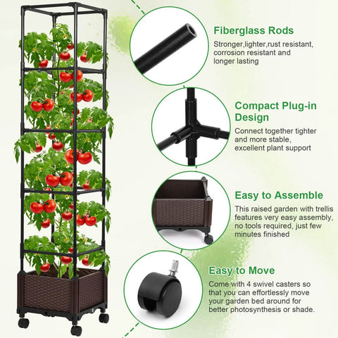 Self Watering Tomato Planter With Trellis For Patio, 55.9 Inch Raised Garden Bed showing features like fiberglass rods and mobility.
