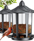 Two Pack Outdoor Hanging Bird Feeders With Quick One Minute Setup And Charming Castle Design Attracting Cardinals Chickadees Goldfinches And Sparrows Black Easy To Assemble For Family Fun And A Great Gift, close-up view