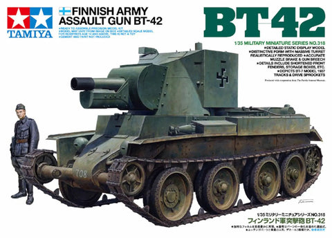 Box cover of Finnish Army BT-42 Assault Gun Model Kit 1/35 Scale with standing crew figure and product details.