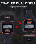 Paint Thickness Gauge With Dual Screen For Iron Aluminum Zinc And Car Body Filler Auto Detect Material Type Coating Thickness Meter 0 To 3000 Micrometers Range Auto Generate Measuring Reports Supports Micrometers Millimeters And Mils showing dual LCD and OLED display with rotation function.