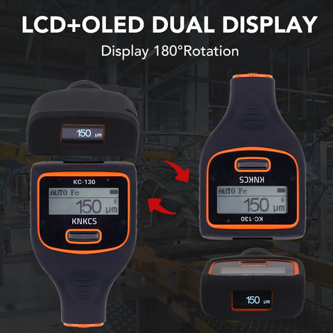 Paint Thickness Gauge With Dual Screen For Iron Aluminum Zinc And Car Body Filler Auto Detect Material Type Coating Thickness Meter 0 To 3000 Micrometers Range Auto Generate Measuring Reports Supports Micrometers Millimeters And Mils showing dual LCD and OLED display with rotation function.