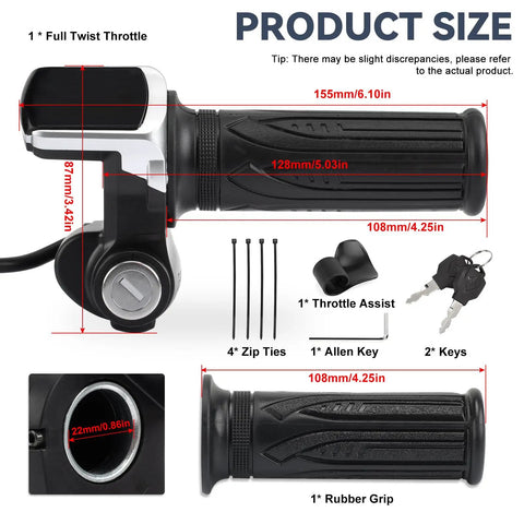 Full Twist Throttle For 60V E Bike With LED Display And Key Lock Electric Bike Throttle Grip product size chart and components.