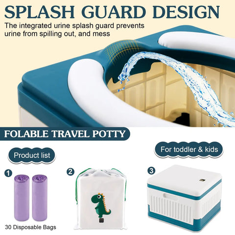 Foldable Portable Toddler Potty For Travel And Potty Training, Rock Solid Fold Away Seat With Comfy Non Slip Cushion, Road Trip Ready Emergency Mobile Commode For Kids Including Thirty Disposable Blue Bags