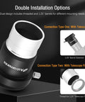 1.25 Inch Universal T Adapter Eyepiece Extension Tube with filter thread for prime focus astrophotography, dual installation options with telescope and filter.