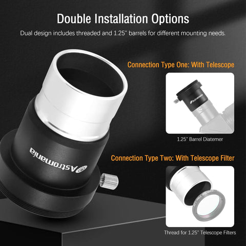 1.25 Inch Universal T Adapter Eyepiece Extension Tube with filter thread for prime focus astrophotography, dual installation options with telescope and filter.