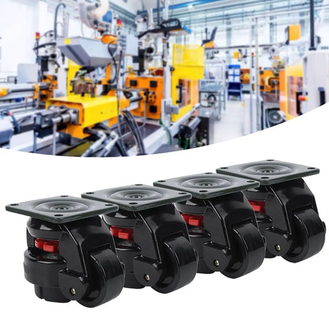 Heavy Duty Leveling Caster Set Rock Solid Adjustable Metal Composite Wheels Four Pack, showcasing smooth-running casters ideal for workshops.