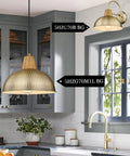 Two Pack Outdoor Wall Sconces Barn Style Light Fixtures With Hammered Metal Shade In Antique Brass Finish shown indoors.