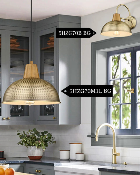 Two Pack Outdoor Wall Sconces Barn Style Light Fixtures With Hammered Metal Shade In Antique Brass Finish shown indoors.