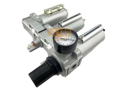 Beefy Half Inch NPT Heavy Duty Industrial Grade Filter Regulator Coalescing Desiccant Dryer System with gauge closeup