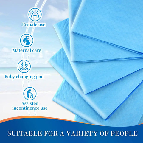No Sweat 100 Pack Disposable Bed Pads For Pets Extra Large Waterproof Puppy Pee Pads With Gelling Polymer Super Absorbent And Odor Blocking Backing For Quick Cleanup stacked blue pads showing multiple uses.