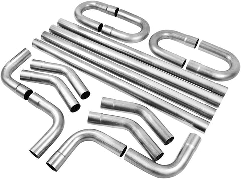 T304 Stainless Steel 3 Inch Custom Exhaust Pipe Kit With Beefed Up 16 Gauge Walls And Mandrel Bends, Includes Four 47.3 Inch Straight Sections, Four 90 Degree Elbows, Four 45 Degree Elbows, And Four 180 Degree U Bends, 16 Pieces displayed