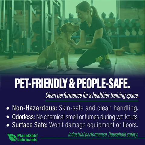 Gym And Home Maintenance Kit For Equipment Lubrication with pet-friendly features shown in a gym environment.