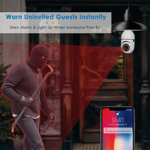 Wireless Security Camera With 5GHz And 2.4GHz WiFi HD Live View E27 Socket Spotlight Mount No Fuss Setup alerting intruder