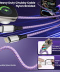 3 In 2 USB A To C Charging Cable For iPhone And iWatch, Braided 5 Ft Multi Charger Cord, Purple, showing connectors and durability test