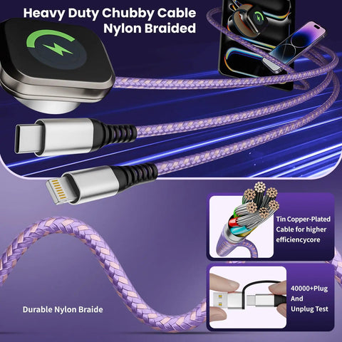 3 In 2 USB A To C Charging Cable For iPhone And iWatch, Braided 5 Ft Multi Charger Cord, Purple, showing connectors and durability test
