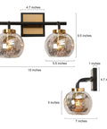 Modern Vanity Light Over Mirror With Mercury Glass Shades In Black And Gold Finish For Bathroom Dope Fixture With dimensions shown
