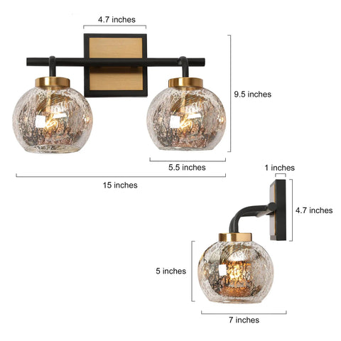 Modern Vanity Light Over Mirror With Mercury Glass Shades In Black And Gold Finish For Bathroom Dope Fixture With dimensions shown
