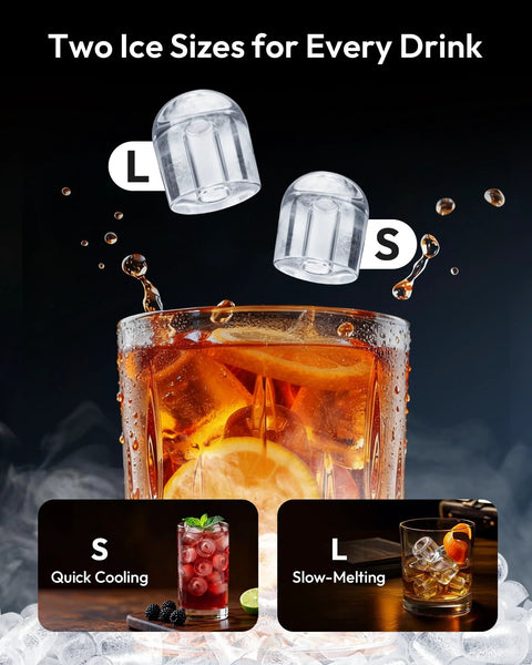 EUHOMY countertop ice maker with two bullet ice sizes (S and L); glass with ice and lemon.