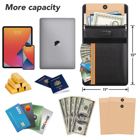 Heavy Duty Fireproof Document Bag With Lock And Waterproof Zippers For 15 By 11 Inch Letter Size Safe Storage Pouch With Content Examples