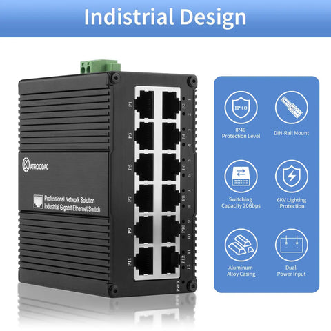 Rugged Industrial 12 Port Gigabit Ethernet Switch Unmanaged Outdoor Network with DIN Rail Mount