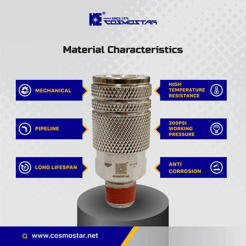 Sturdy Steel Air Coupler One Fourth Inch Flow Size NPT Male Thread Quick Connect With Pre Applied Sealant, front view