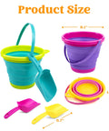 3 Pack Foldable Beach Buckets With Shovels And Mesh Backpack For Kids And Toddlers, shown in pink, purple, green with product size.