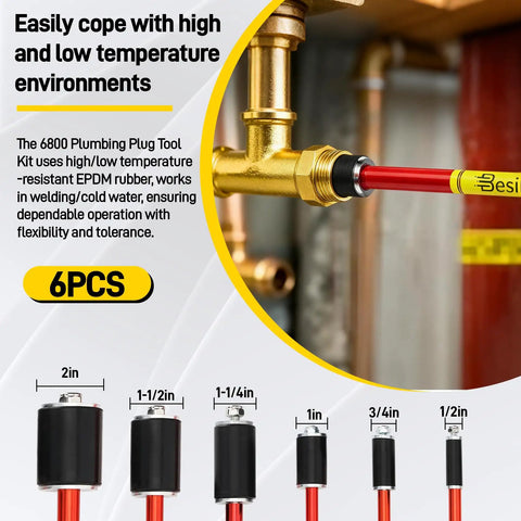 All Purpose Plumbing Repair Kit 6 Piece Set With Half To Two Inch Pipe Stoppers shown in use with pipes and gaskets.